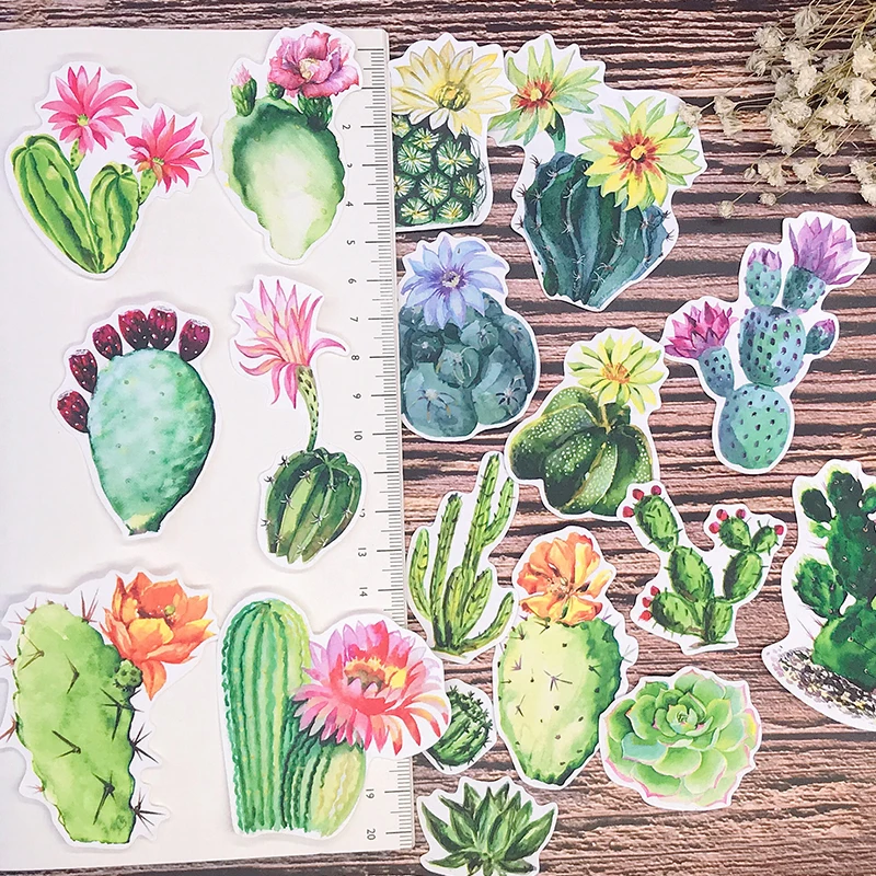 18pcs Cactus Succulents Hand Account Stickers Material Diary Photo Album DIY Luggage Decoration Journal Waterproof