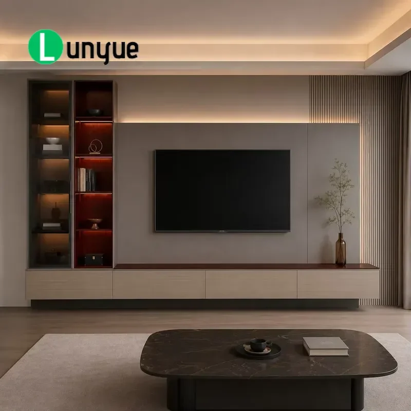 Modern Wall Mounted TV Console Cabinet with Floating Base Drawers Glass Display Tower Integrated LED Lighting Living Room