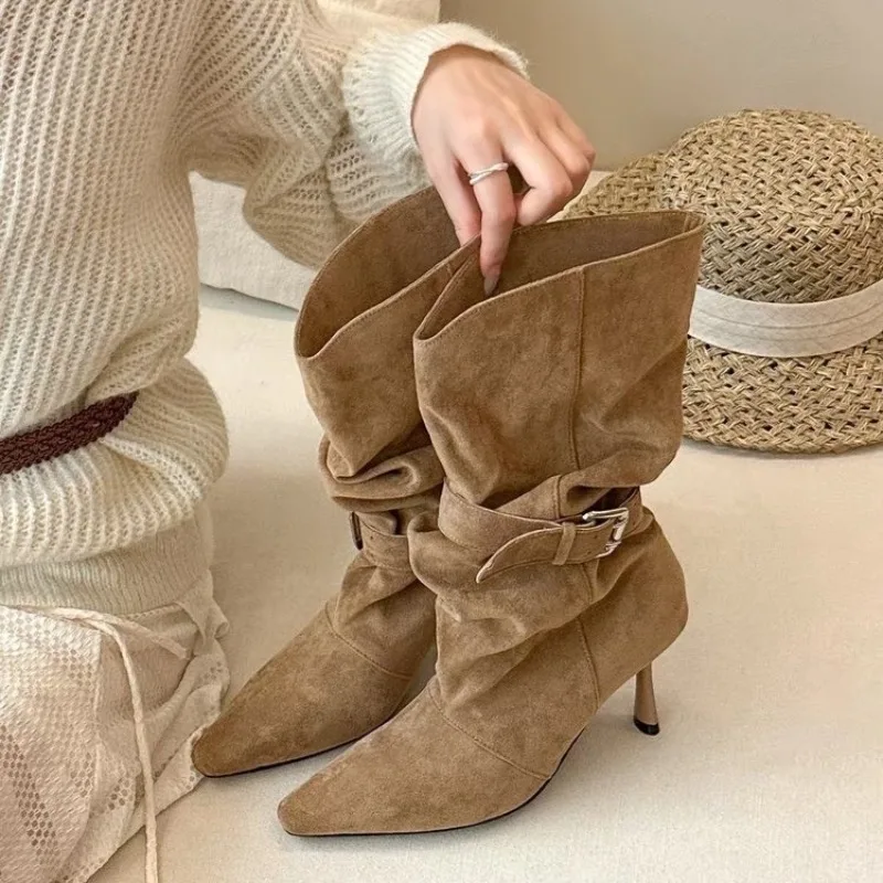 Designer Pointed Toe Belt Buckle Ankle Boots with Mid-calf Length, 2026 Autumn-winter New Style, Suede Upper, Small High Heels 9