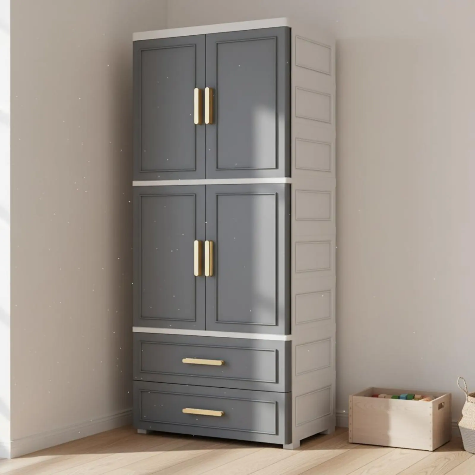 Kids Clothes Wardrobe Large Capacity Freestanding Baby Clothes Cabinet Double Door Storage Cabinet Child-Safe for Living Room