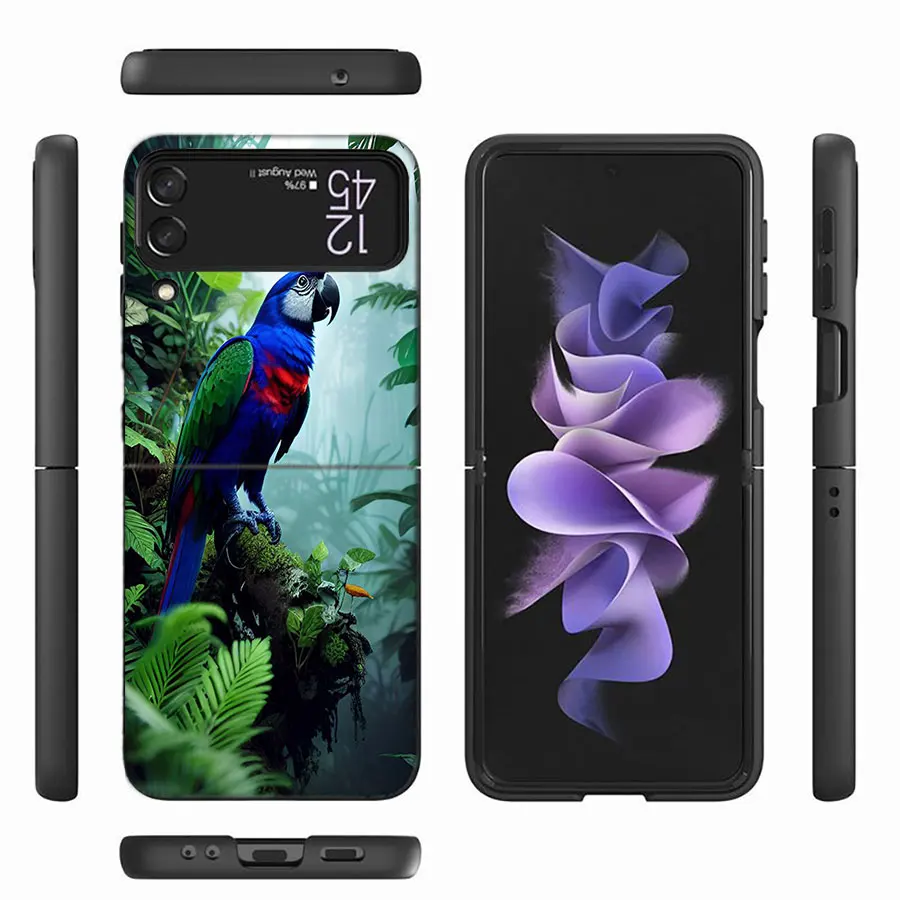 Parrot Bird Rainforest Phone Case For Samsung Galaxy Z Flip 6 4 3 5G Funda Black Coque Hard PC Luxury Cover Z Flip 5 Capa Fashio