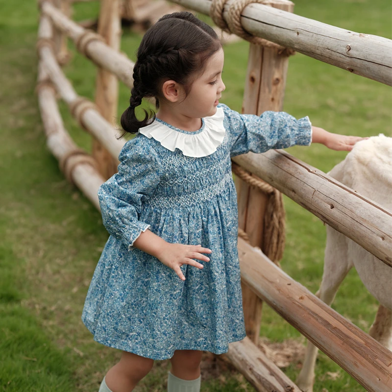 Icjaehao 2024 Flower Girl Smocking Dress Vintage Elegant Children\'s Outfits Handmade Smocked Floral Long Sleeve Baby Clothes