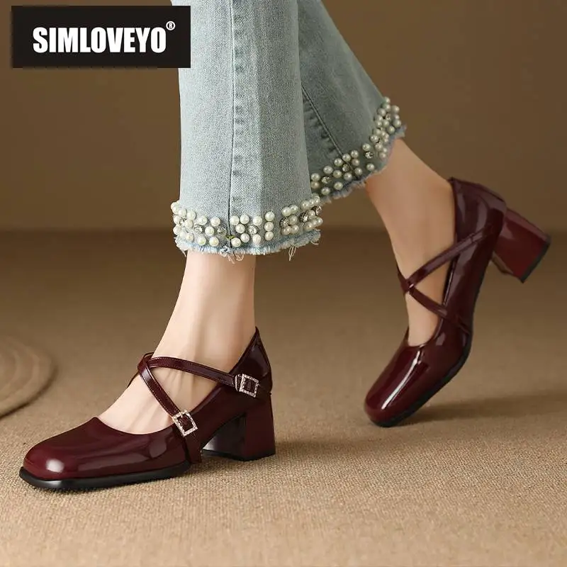 SIMLOVEYO Brand Women Pumps Toe Thick Heel 6cm Buckle Strap Daily Soft Shoes Female Big Size 45 46