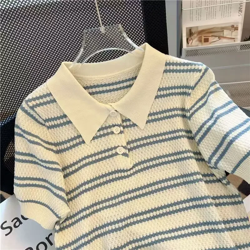 Prendas de punto para Mujer, novedad de verano 2021, camisetas de manga corta con cuello tipo Polo a rayas azules, camisetas informales coreanas para Mujer, camisas Y2k, Ropa para Mujer