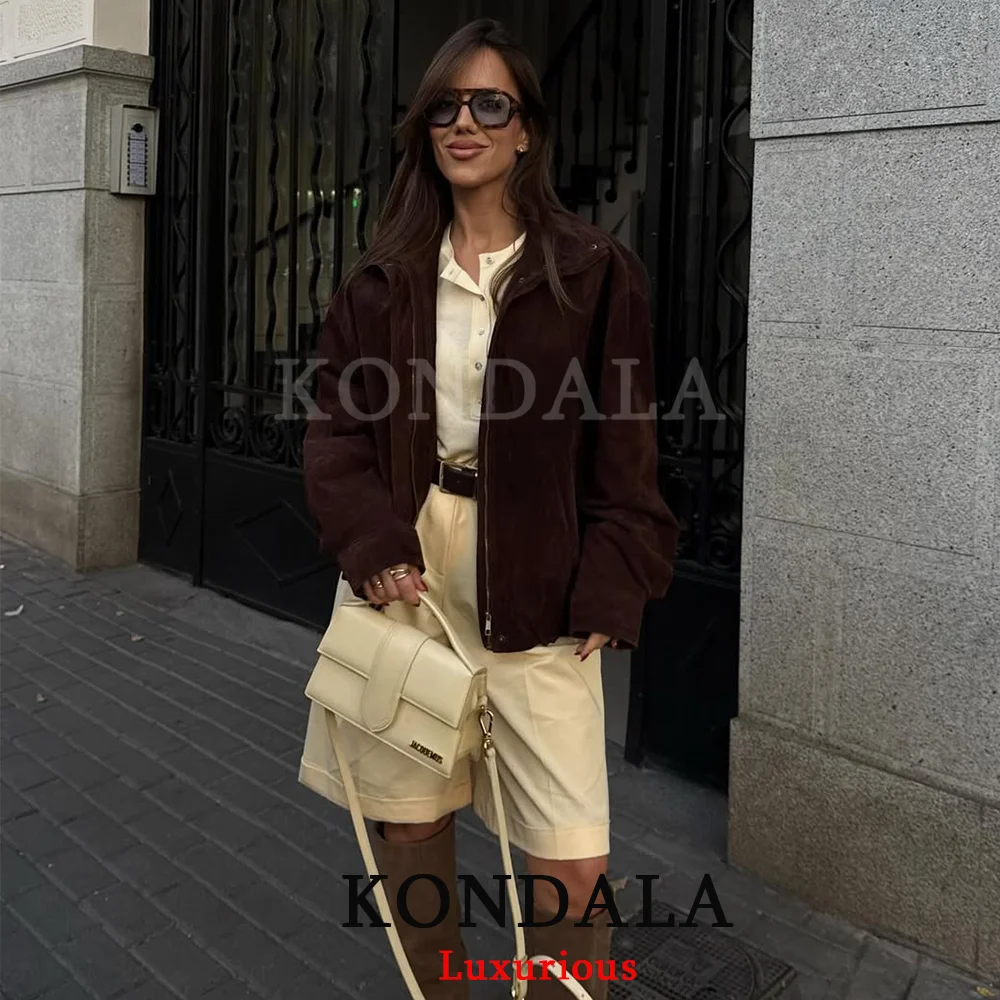

KONDALA Streetwear Suede Chic Brown Jacket Women Long Sleeve Zipper Bobmer Coats Fashion 2025 Fall Winter Casual Elegant Outwear