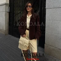 KONDALA, ropa de calle, chaqueta marrón elegante de gamuza para mujer, abrigos Bobmer de manga larga con cremallera, moda 2025 Otoño Invierno, prendas de vestir informales elegantes
