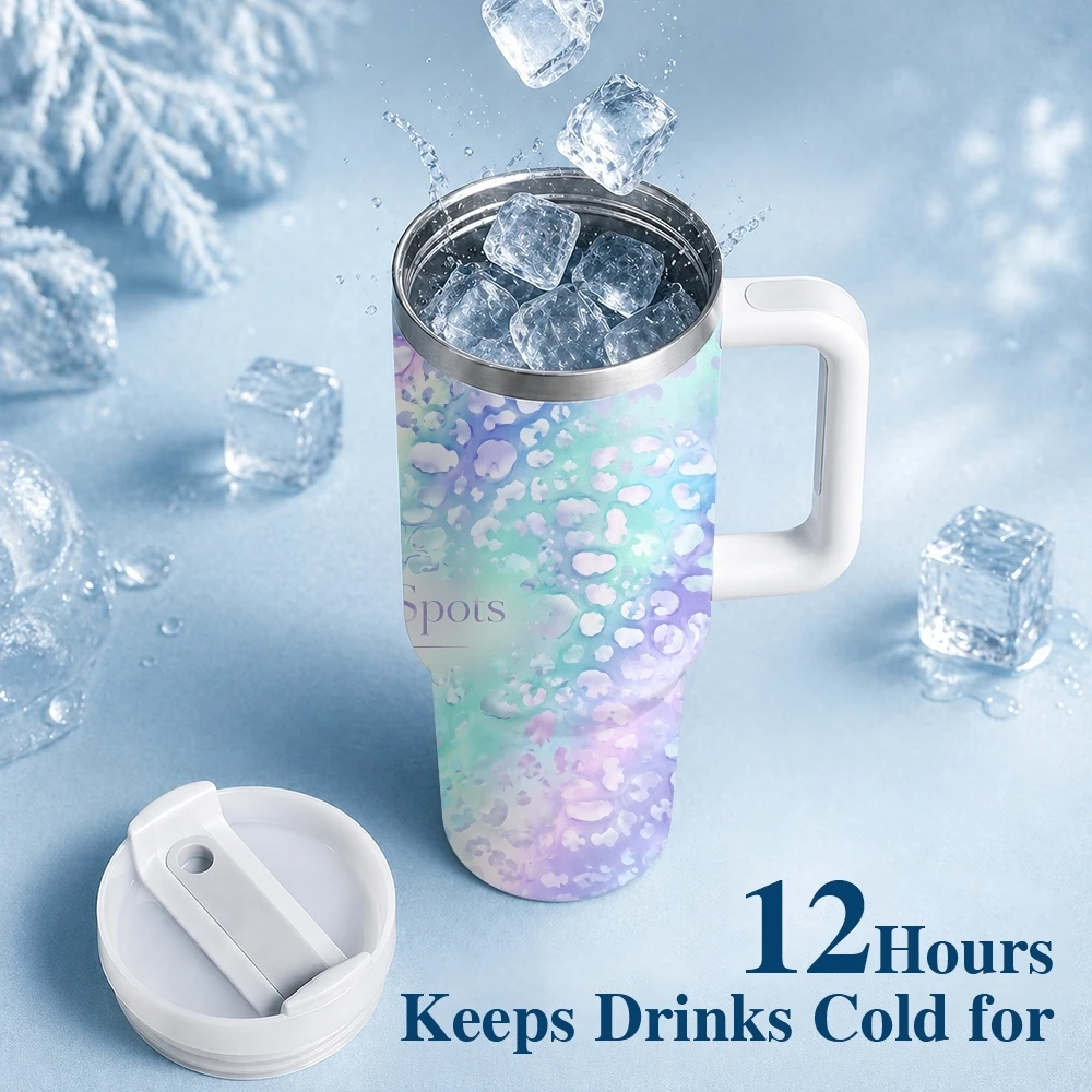 Fashion Colorful Rainbow Leopard Vacuum Flasks 40oz Stainless Steel Insulated Tumbler With Handle & Straw Leakproof Travel Mug