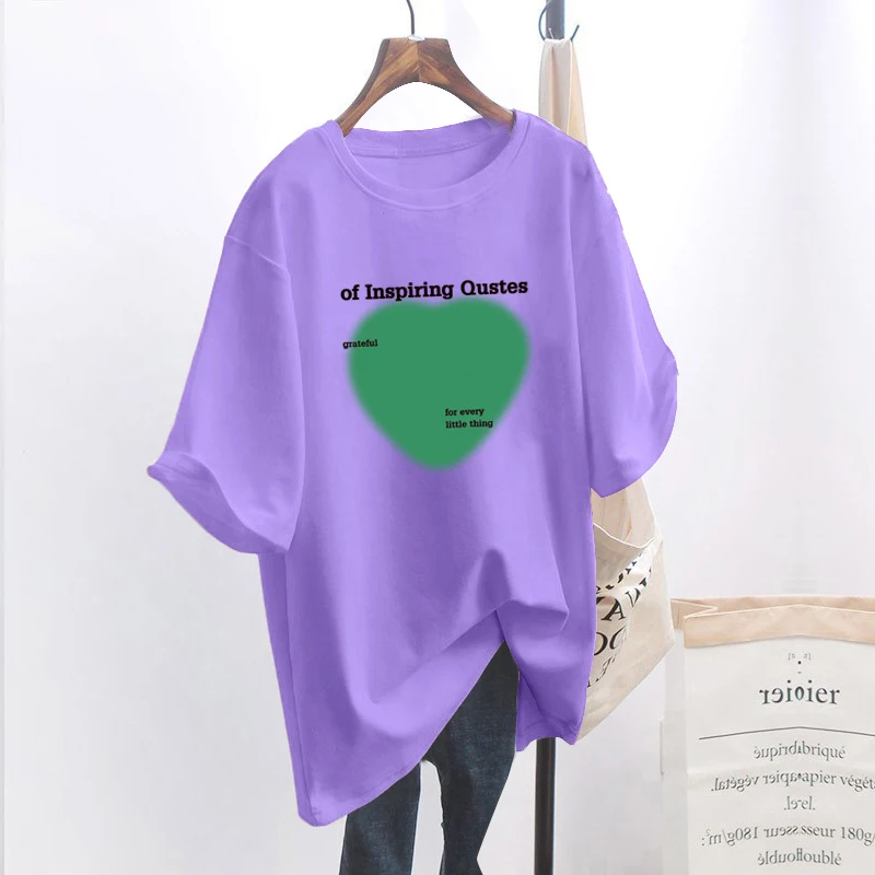 Korean Fashion Women's Short Sleeve T-shirt 2024 Summer New Love Print Loose Top Casual Round Neck Men's Half Sleeve Tees