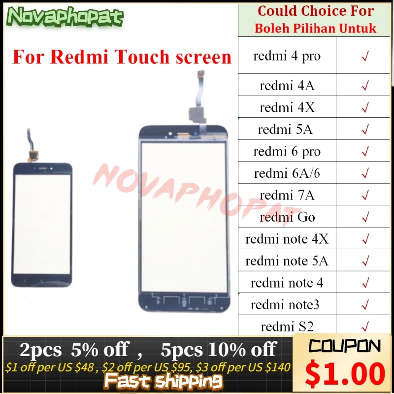 Novaphopat For Redmi Note 3 4 6 Pro 4A 4X 5A Prime 6A 7A 7 S2 Y2 Y1 Go Touch Screen Digitizer Glass Sensor Panel