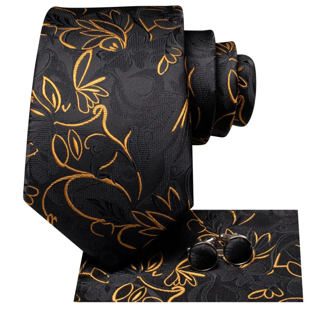 2023 New Black Gold Floral Gift Tie for Men Fashion Brand Wedding Party Necktie Handky Cufflinks Wholesale Hi-Tie Designer