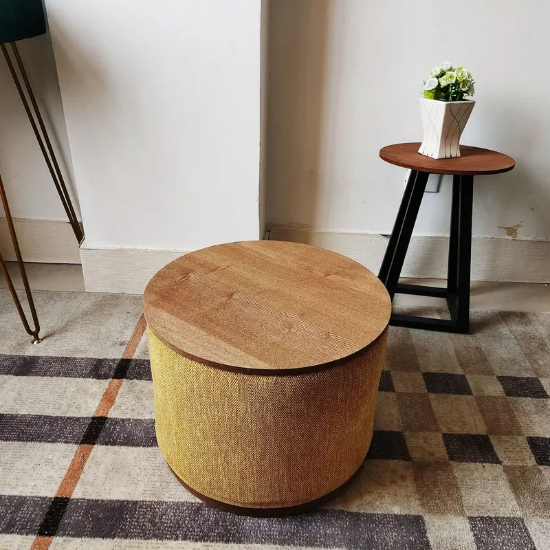 Nordic Round Fabric Stool Solid Wood Frame Soft Upholstered Storage Ottoman Shoe Changing Bench for Living Room Entryway