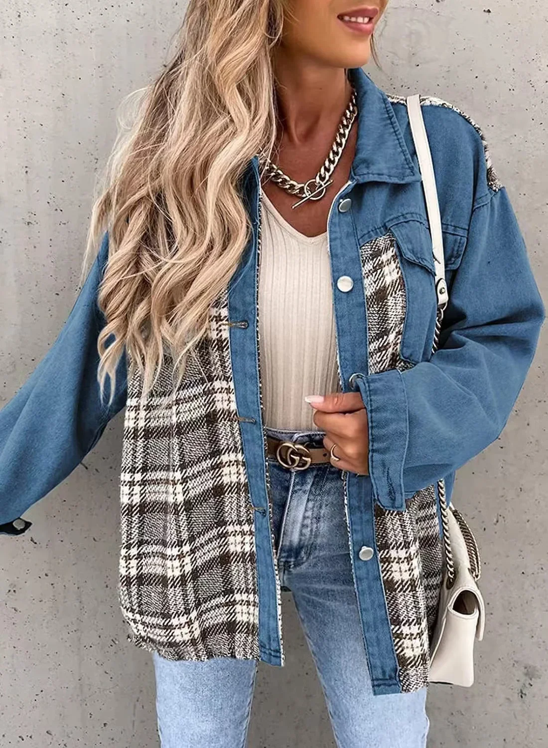 2024 Nieuwe Herfst Vrouwen Knoopjas Lente Onregelmatige Tops Bovenkleding Mujer Vintage Mode Geruite Print Patchwork Denim Jack Elegant