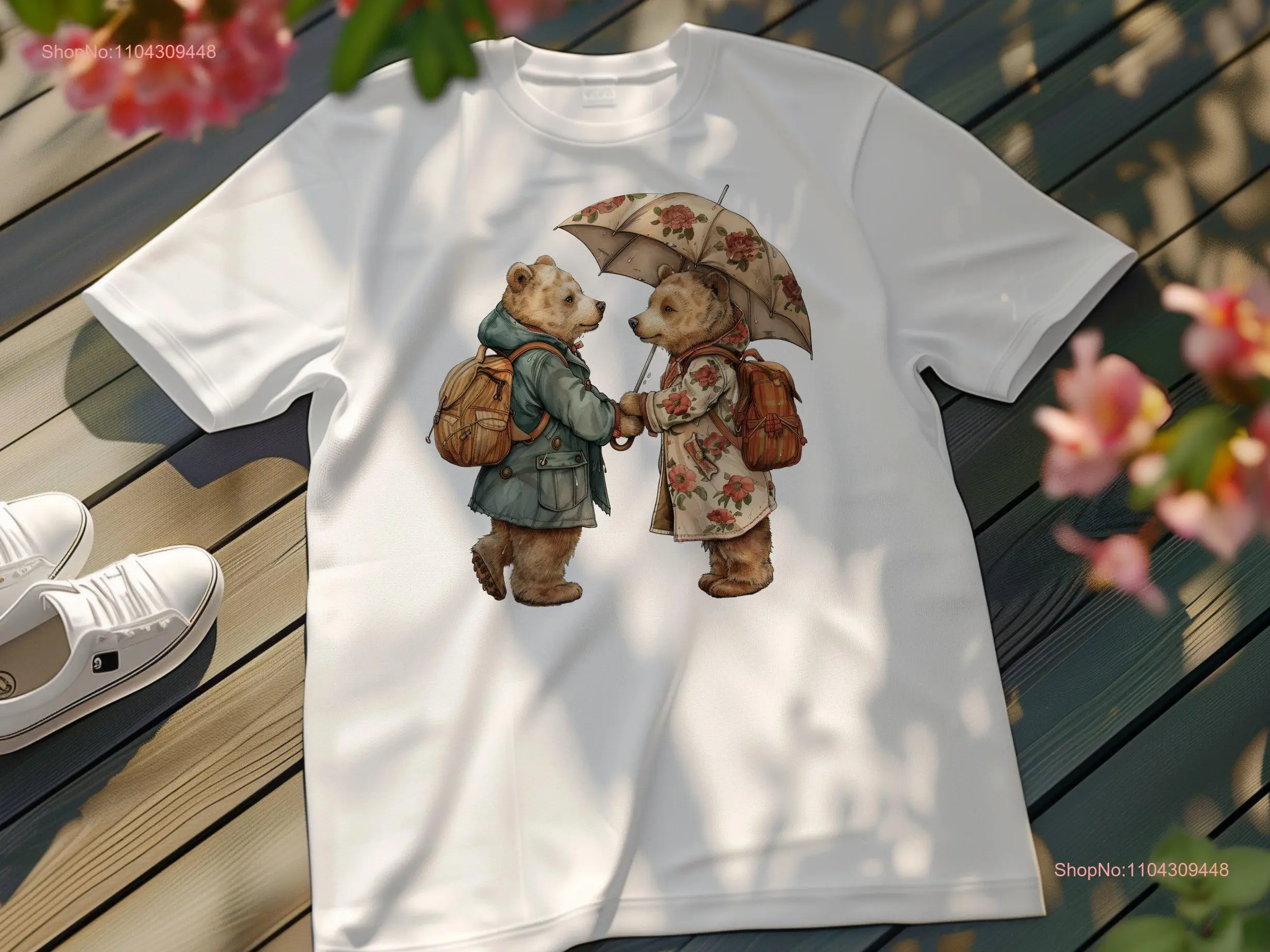 Cute Bear Couple in Rain Vintage Art Romantic Illustration T Shirt Unique Lover Artful Design Adorable