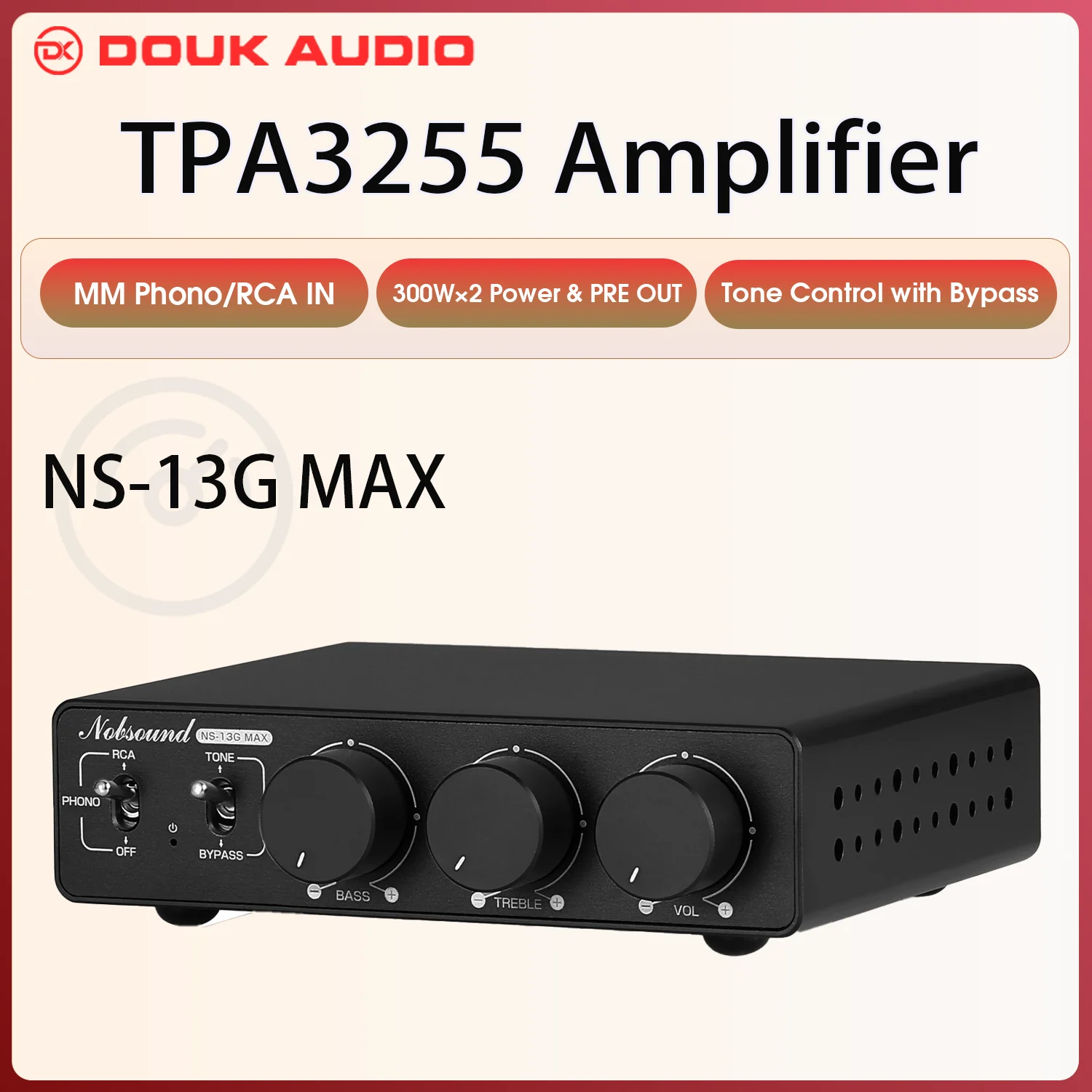 Douk NS-13G-MAX ขยายเสียงสเตอริโอช่อง2.0 Hi-Fi TPA3255แอมป์ดิจิตอลขนาดเล็กพร้อมอินพุตเสียง300W + 300W