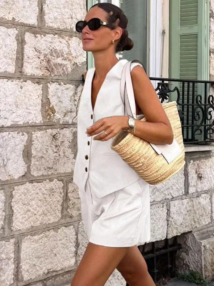 HH-Conjuntos Vintage de moda para mujer, 2 piezas, chaleco de lino liso con cuello de pico, chaleco holgado de una sola botonadura, Top corto informal elegante Y2k