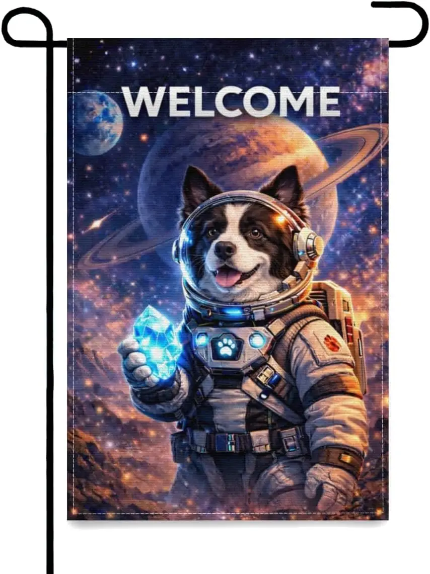 Funny Astronaut Welcome Garden Flag Space Galaxy Border Collie Cosmic Planet Double Sided Outside Yard Decoration Small Yard jjp