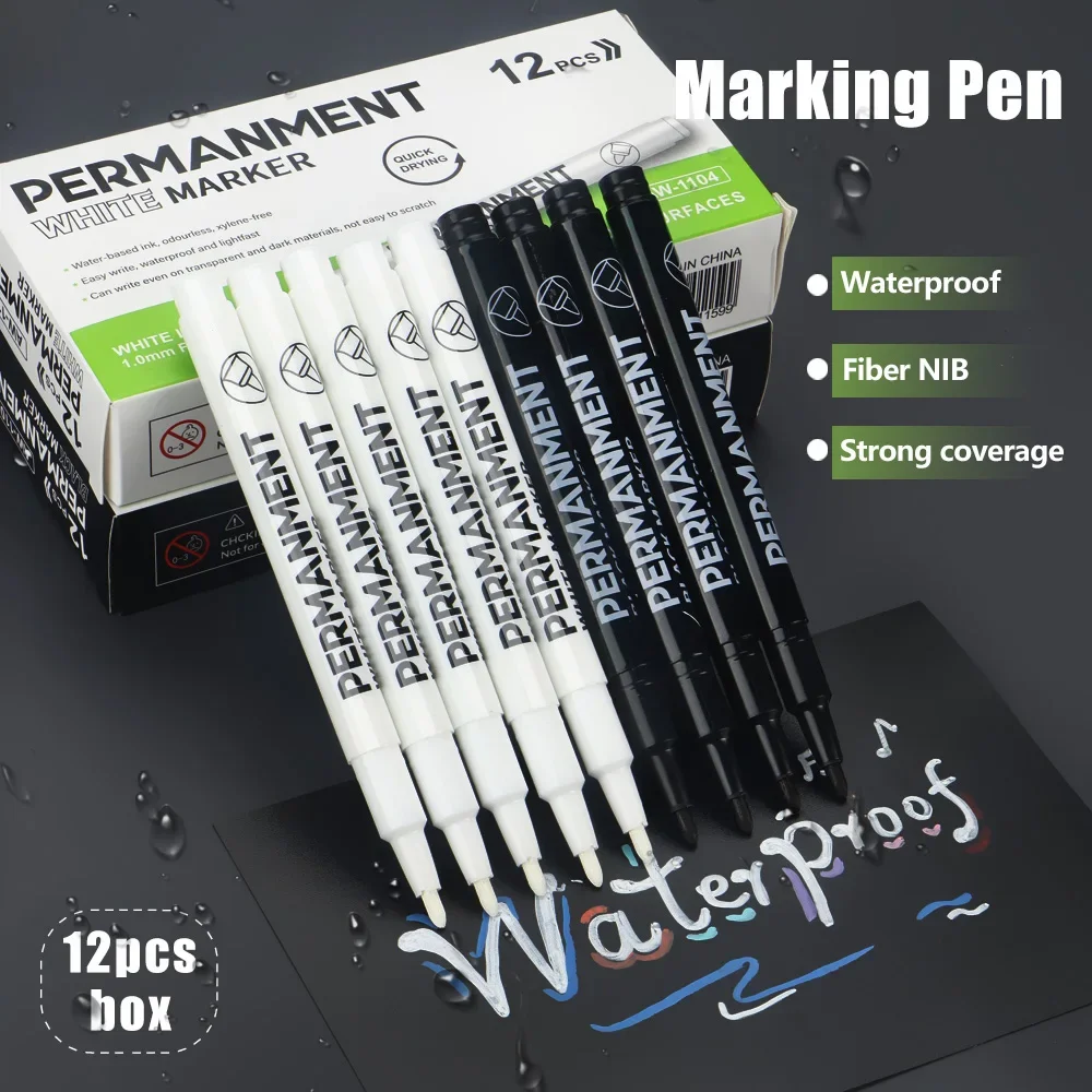 3/6/12 Pcs Waterproof Marker Pen White Black Inks  2mm Tip For Rock Painting Stone Ceramic Glass Wood Tire Fabric Metal Canvas