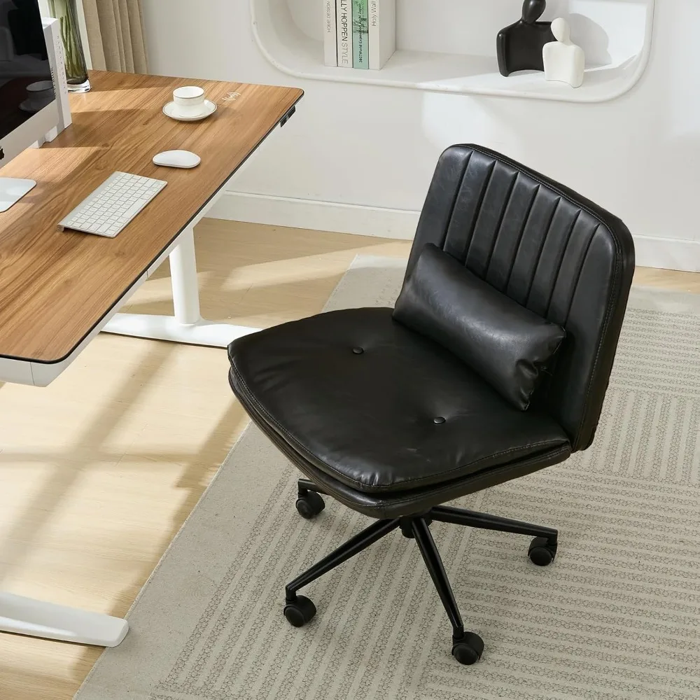 كرسي متقاطع مع عجلات، وسادة سميكة مريحة بدون ذراع، مقعد عريض، كرسي مكتب بأرجل متقاطعة مع وسادة، دوارة قابلة للتعديل #3