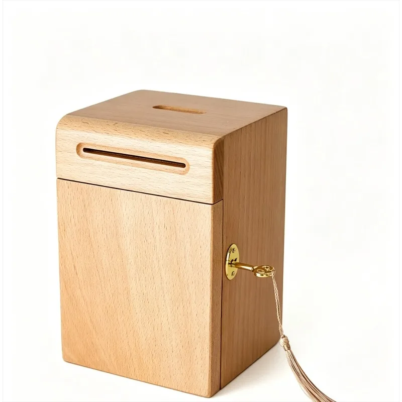 Piggy Banks for Adults, Solid Wood Money Bank, Walnut Handmade Money Saving Box with Lock, Wooden Safe Coin Jar, Home Decoration
