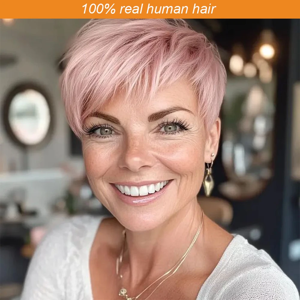 

Розовый парик из натуральных волос с челкой, парик из натуральных волос с стрижкой пикси, машинный, подходит для повседневного ношения, черно-белый цвет