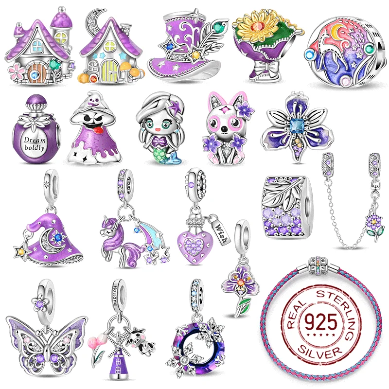 

100% настоящее серебро 925, фиолетовая серия, коллекция подвесок, бусины для женщин, подходят для оригинальных браслетов, изысканные ювелирные изделия своими руками