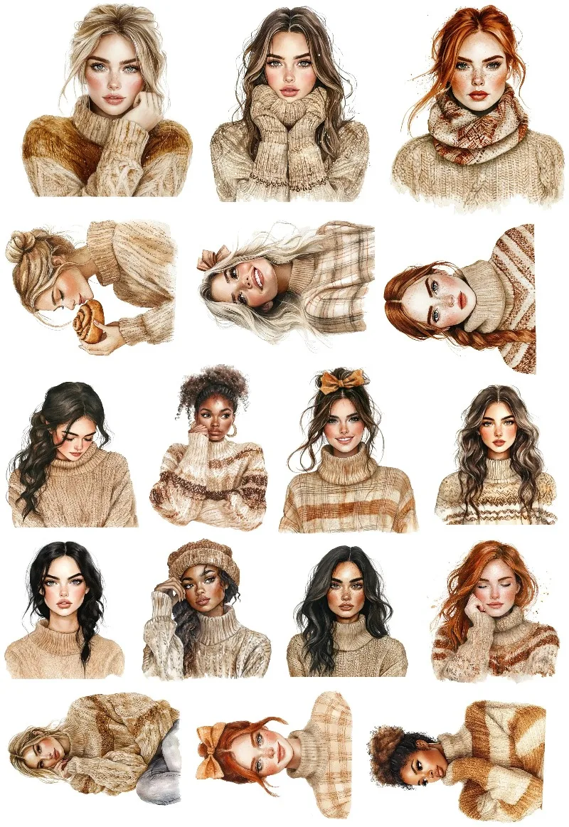 17pcs Cute Self-made  Girl Wearing Vintage Winter Khaki Sweater Scrapbooking Stickers /Decorative/DIY Craft Photo Albums