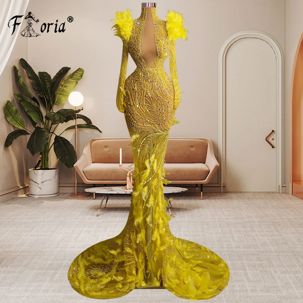 Vestidos de festa luxuosos de cristal amarelo para mulher, Dubai, Sereia, Formal, Pérolas, mangas completas, Formatura, Deslumbrante, 2023