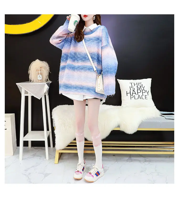 2023 Autumn Winter Women Sweater Rainbow Sweaters Tie Dye Pullover O-Neck Long Loose Striped Female Knit Top Wear