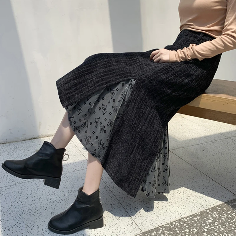 

High Waist A-Line Skirt for Women Autumn Winter New Style Large Size Fat MM Slimming Fish Tail Floor Length Woolen Skirt