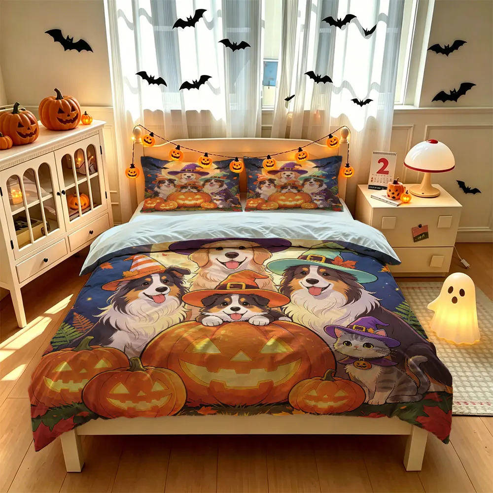 3pcs(1 duvet cover + 2 pillowcases, coreless)Halloween dog and cat pumpkin lantern moonlit night scene set multiple sizes