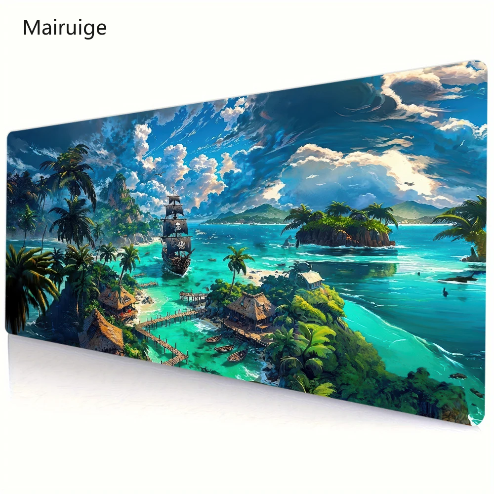 Summer Seaside Vacation Scenery Mouse Pad, Large-Sized Stitched Border Mouse Pad, Computer Desk Accessories, Game Table Pad