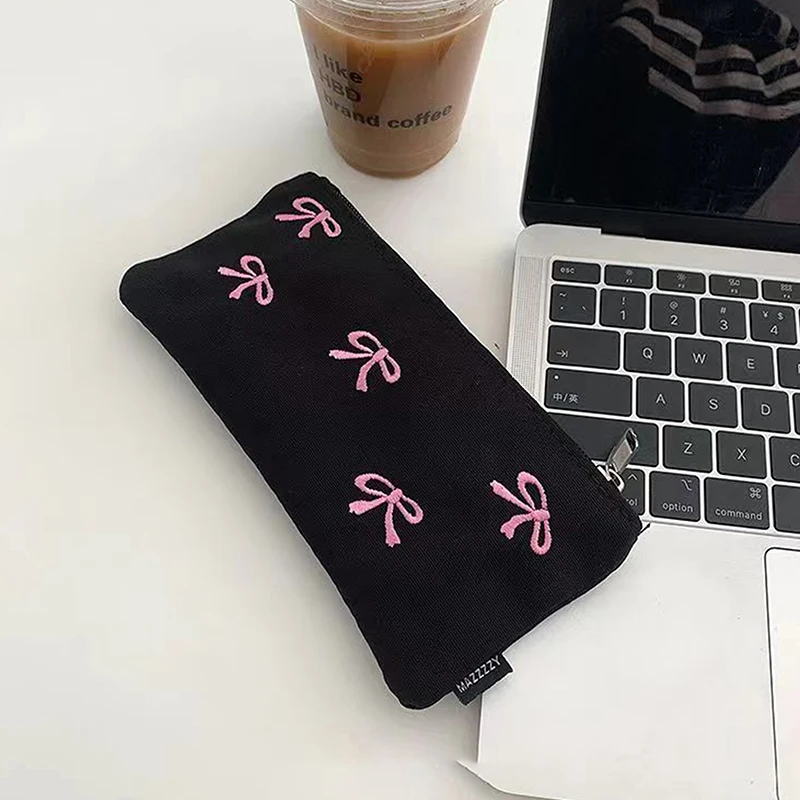 Ins Style – trousse à crayons Simple avec nœud noir, sac de rangement pour crayons de grande capacité, sac à cosmétiques, organisateur de papeterie, fournitures scolaires