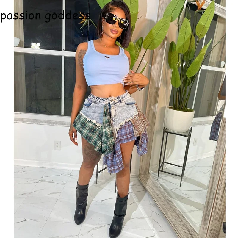 

Summer Women Streetwear Sexy Plaid Patchwork Irregular Denim Skirts High Waist Casual Sexy Mini A Line Y2k Jean Skirts Ladies