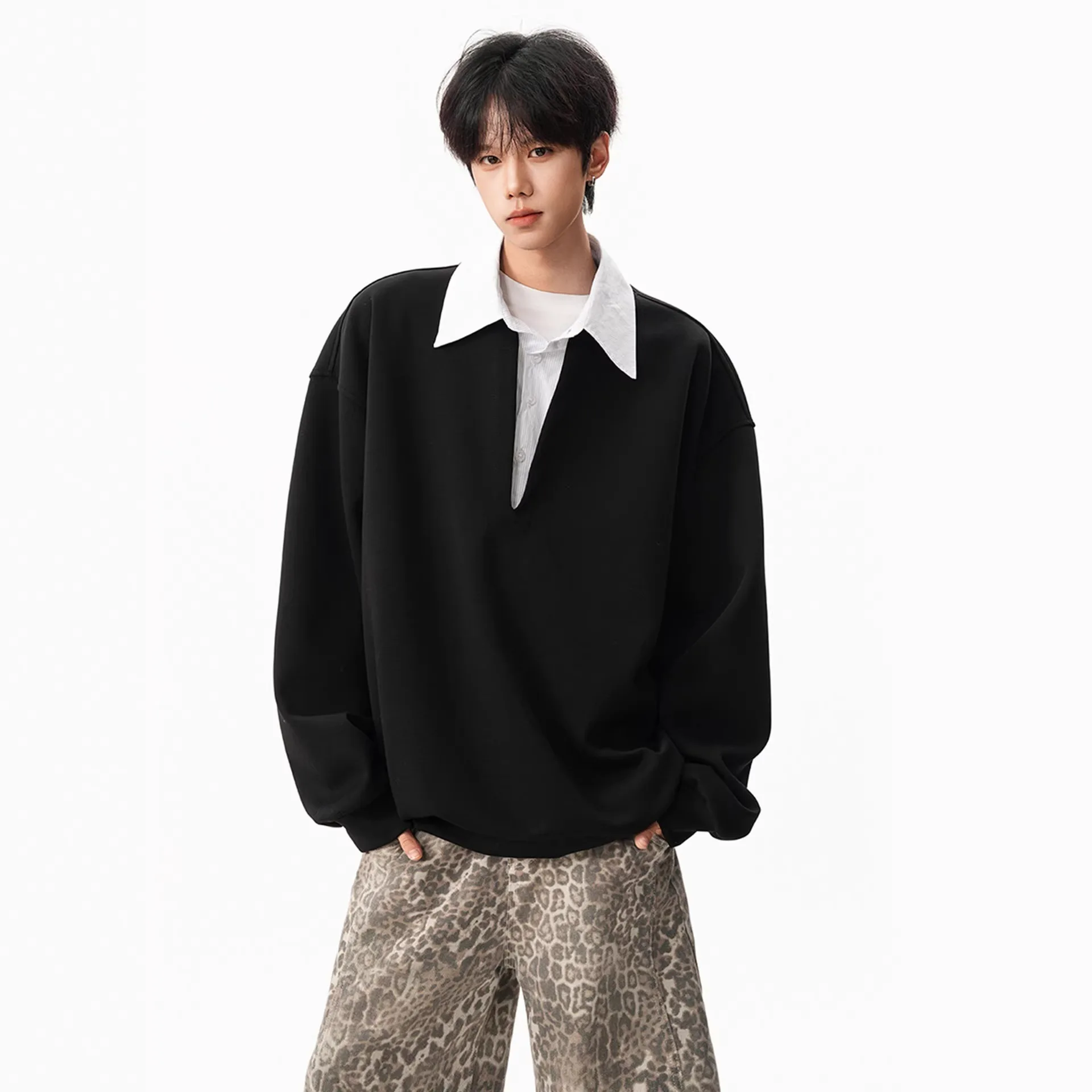 Coat Fake Two-piece Spliced Lapel Sweater Man Spring New Loose Casual Korean All-matching Cool Personality Solid