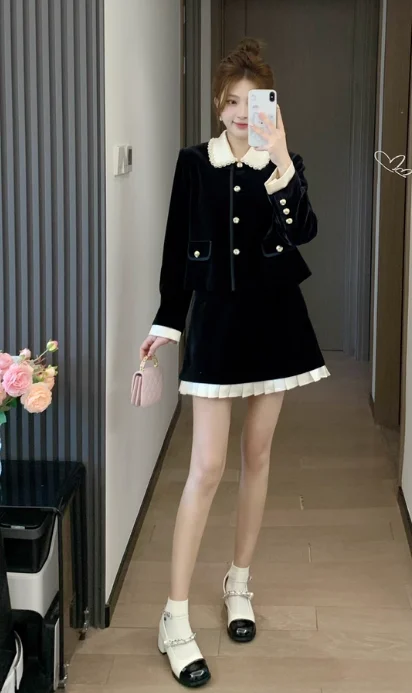 الربيع والخريف النمط الفرنسي سيدة الأسود مطرز التطريز دمية طوق المخملية سترة عالية الخصر ضئيلة تنورة قصيرة قطعتين مجموعة #3