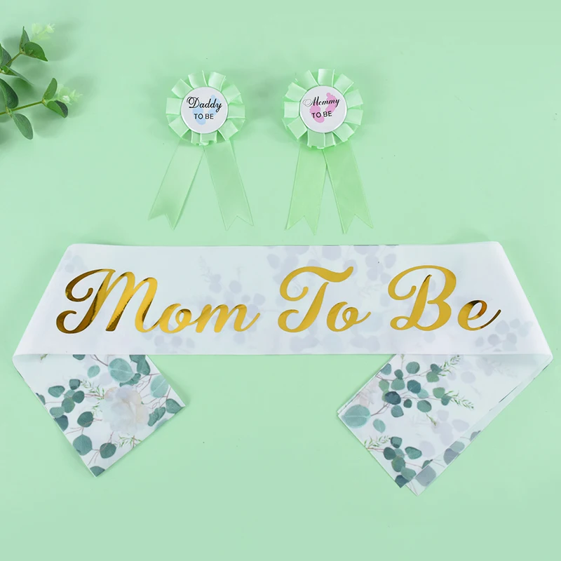 1set Green Leaf flowers Baby Shower Party Daddy To Be Mommy To Be Sash Ribbon Etiquette Belt Badge Baby Shower Party Decorations