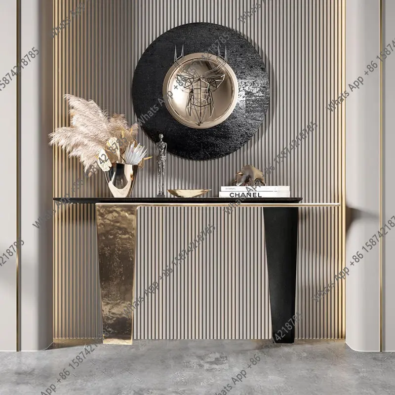 

Light luxury modern style solid wood porch table Entry foyer Wall decorative cabinet New Chinese stainless steel strip case end