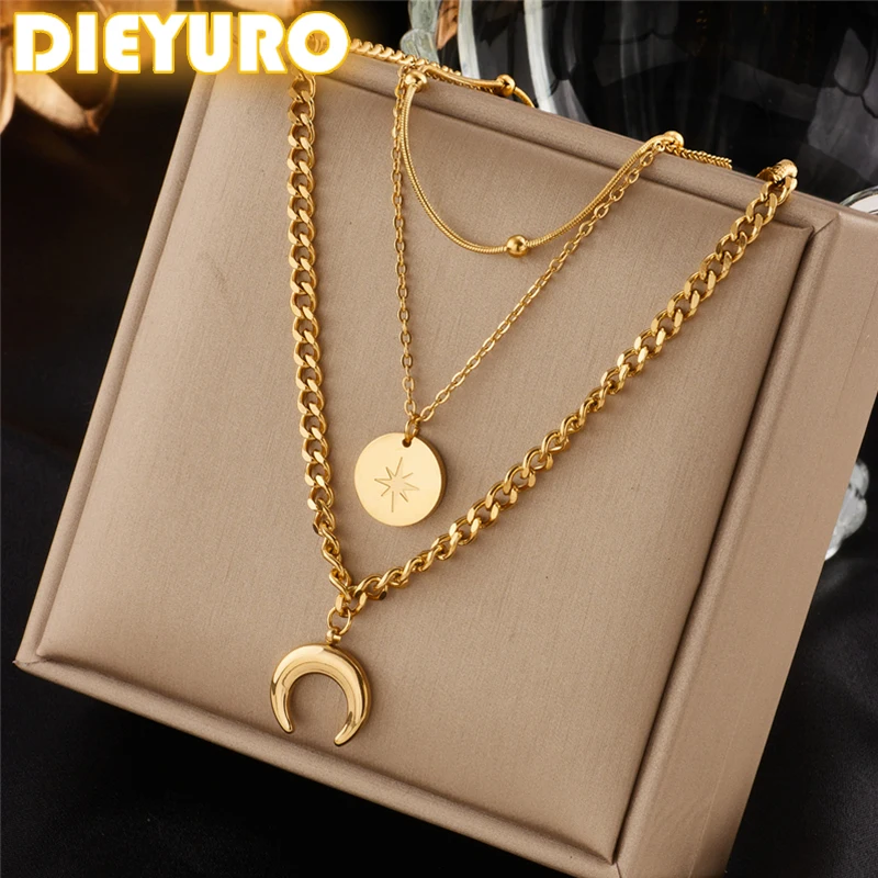 DIEYURO 316L Edelstahl Goldene Runde Stern Bull Horn Anhänger Mehrschichtige Kette Choker Halskette Frauen Neue Trend Schmuck Geschenk