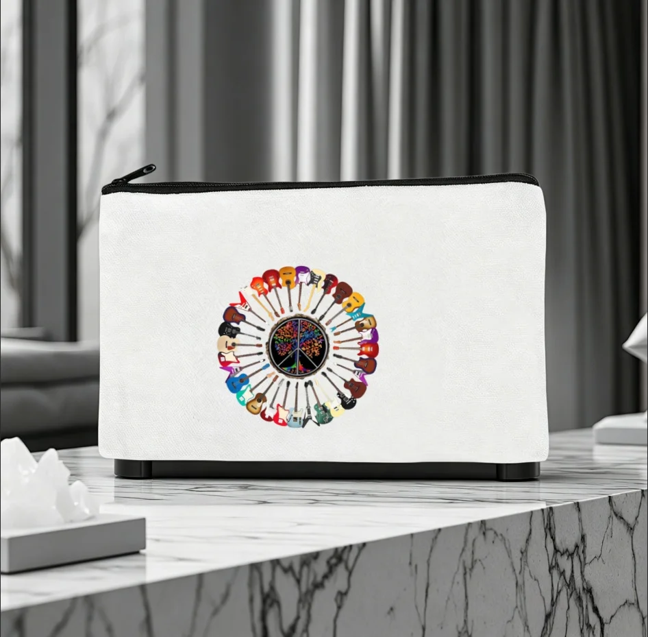 1PC Colorful Guitar Circle Peace Sign Canvas Zipper Pouch Rock Music Lover Instrument Print Makeup Coin Stationery Storage Bag