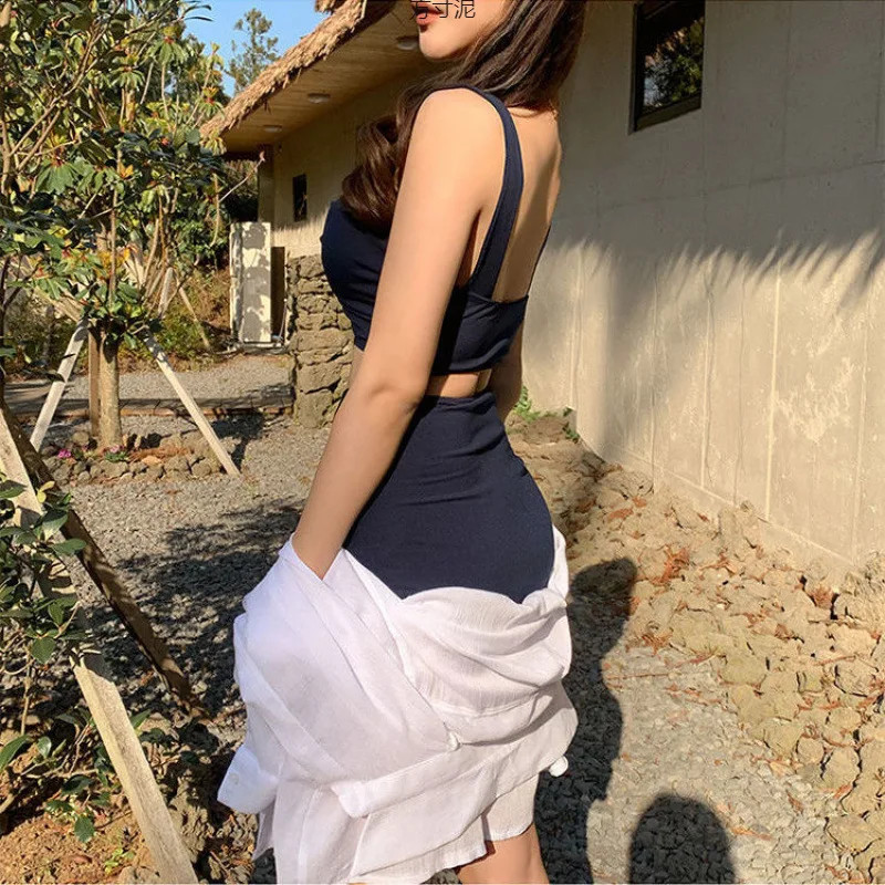 Elegancki strój kąpielowy bikini z wysokim stanem i odkrytymi plecami w stylu koreańskim, modelujący brzuch, idealny na wakacje, dwuczęściowy zestaw bikini damskich, 2026.