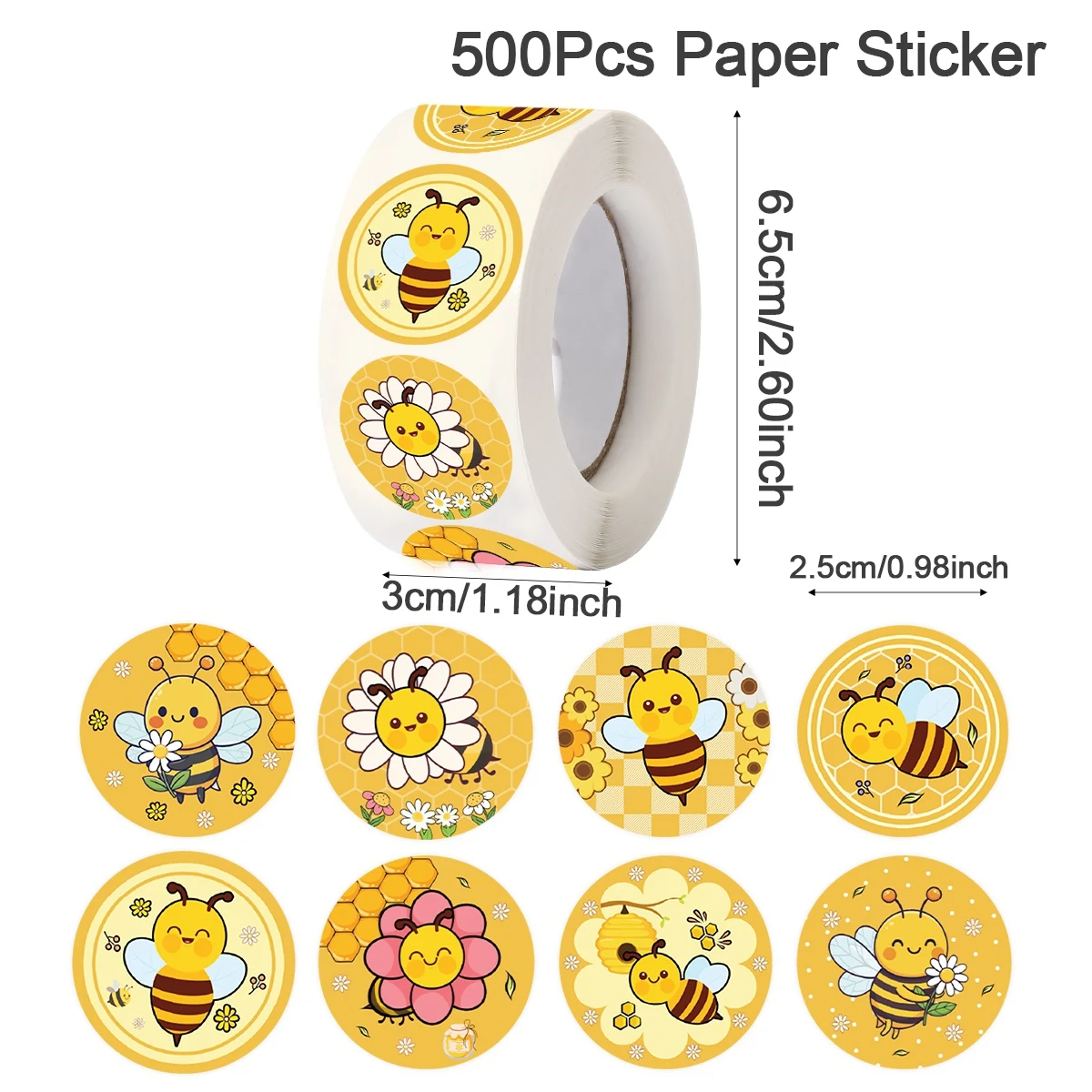 500 Stuks/Roll Honey Bee Stickers Cartoon Bee Beloningsstickers Waterdichte Zelfklevende Papieren Etiketten Leren Beloning Game Party