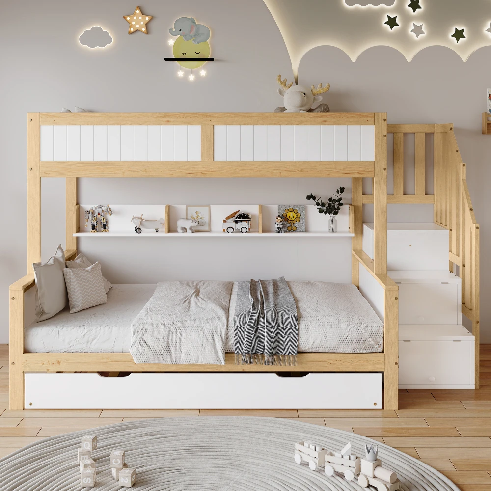 PINGGO Etagenbett 90x200/90x190/120x200cm mit Fallschutzgitter, 3-stöckiges Rollbett mit Kleiderschrank und Eck-Treppe, ohne Matratze – Detail 4