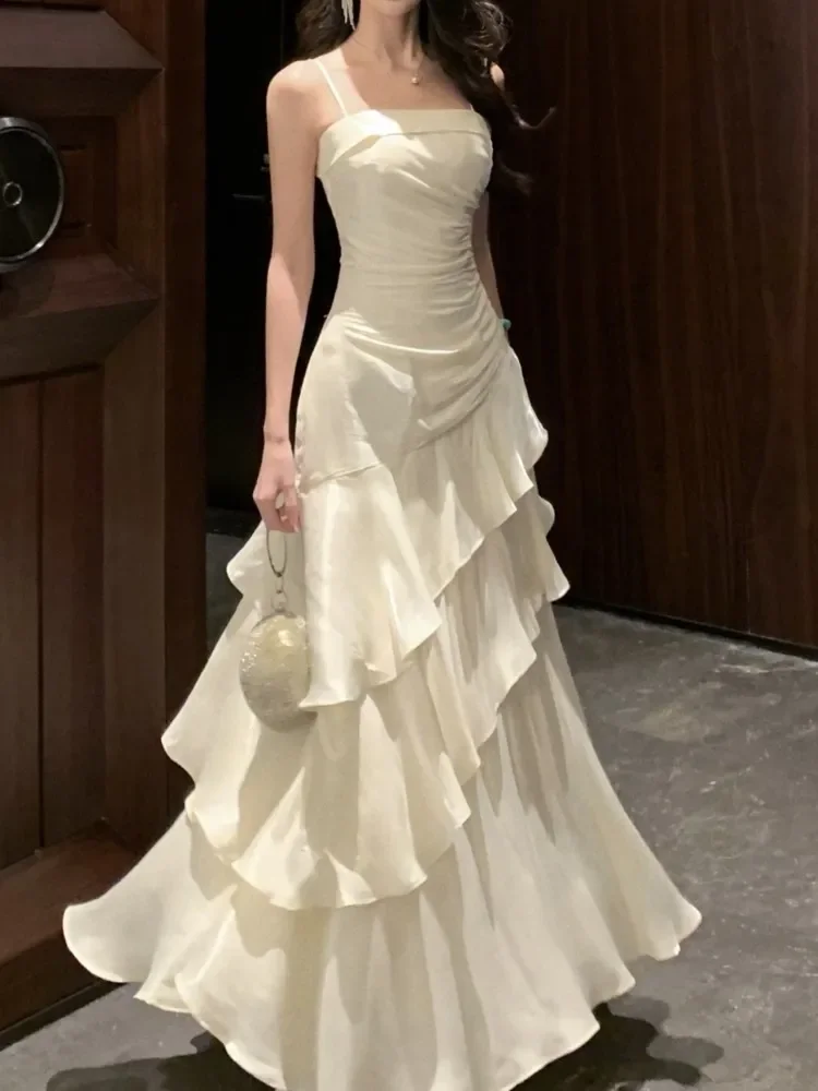 Elegante babados estilingue vestidos de sereia feminino vestido de baile sólido zíper em camadas vestido de ombro 2025 verão chique novos vestidos