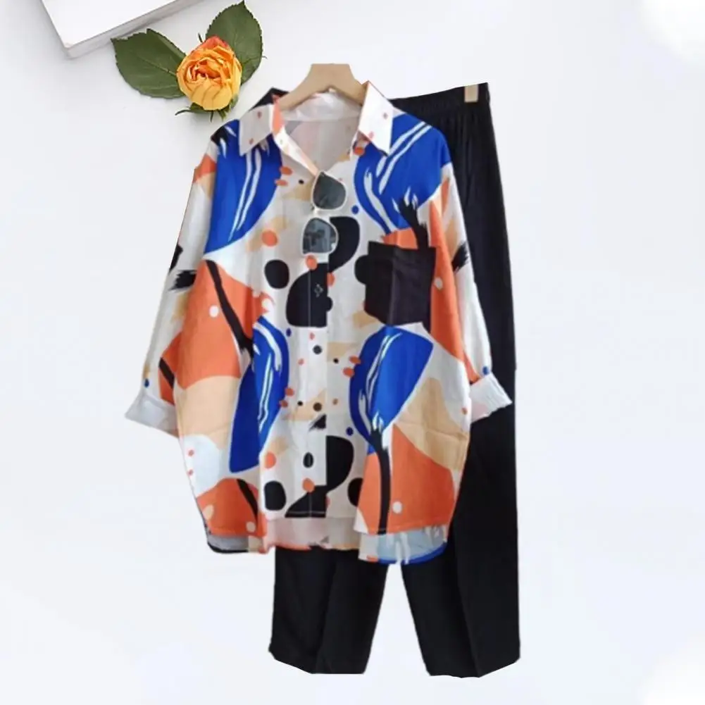 

2 Pcs/Set Stylish Graffiti Print Spring Blouse Trousers Set Long Sleeves Spring Blouse Trousers Set Cardigan Women Clothes