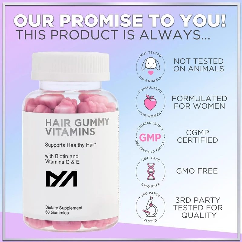 

Hair vitamin gummies contain 5000 micrograms of biotin, vitamin E and C, for stronger and more beautiful hair, skin, and nails