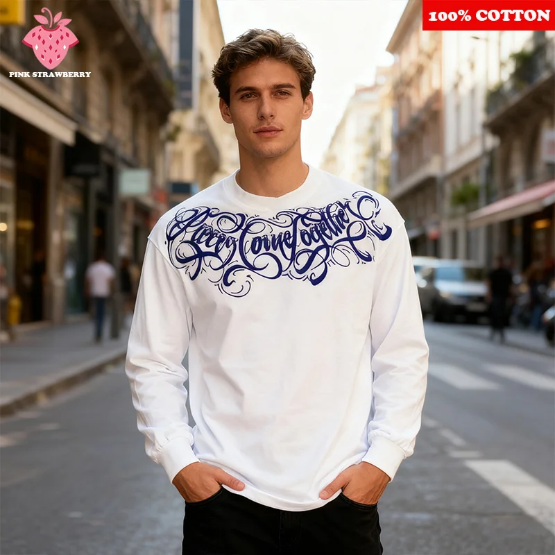 

100% Cotton White Long Sleeves T-shirt Men 2025 Autumn New American Retro Street Oversize T-shirt Casual Y2k Top Men clothing