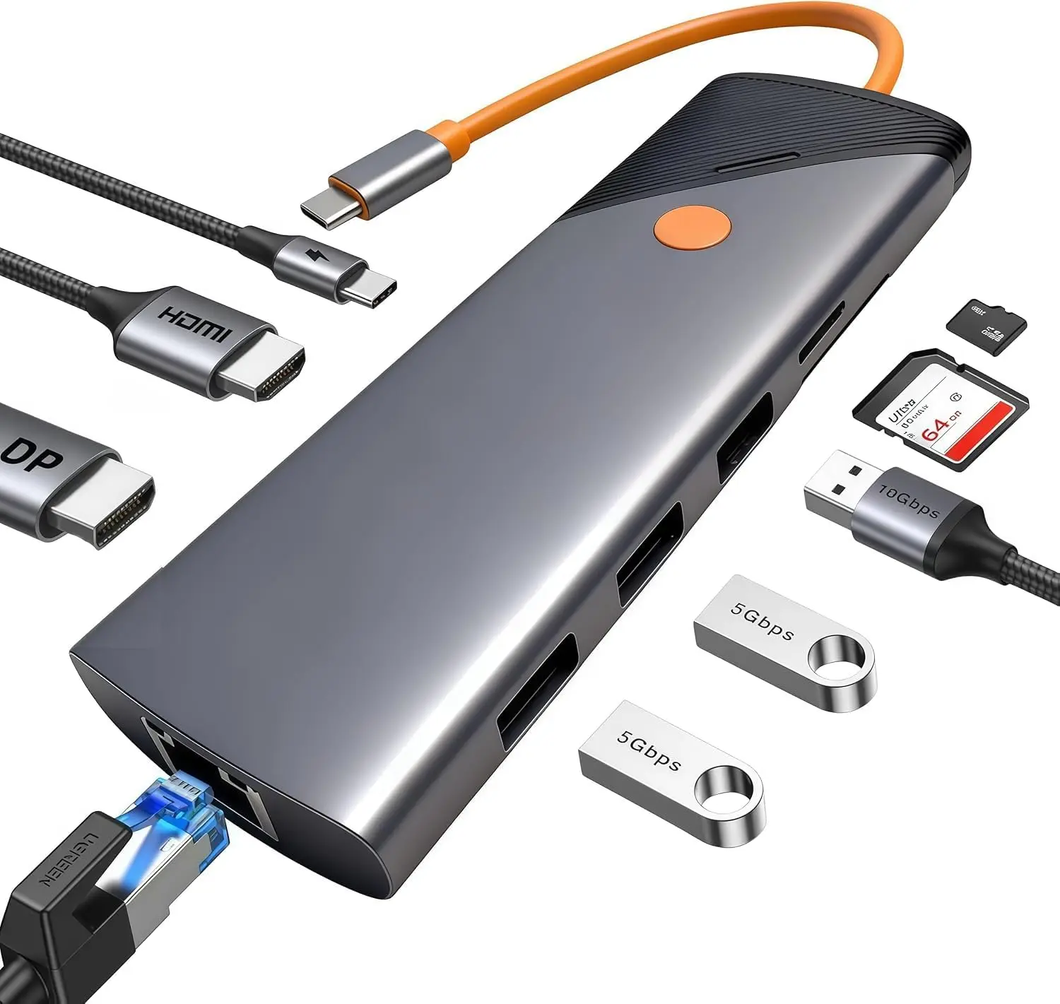 9 in 1 USB C Docking Station DP+HDMI 4K@60Hz USB3.0 Hub Gigabit Ethernet SD TF Card Reader 100~87W PD Charging Multiport Adapter