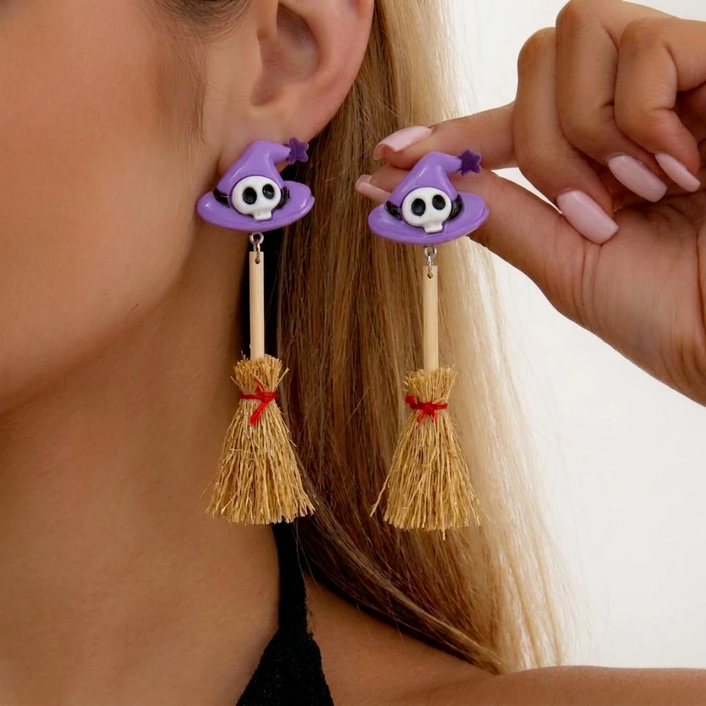Halloween Witch Hat Skull Straw Broom Dangle Earrings For Women Gothic Wizard Hat Long Tassel Drop Earring Cosplay Jewelry Gifts