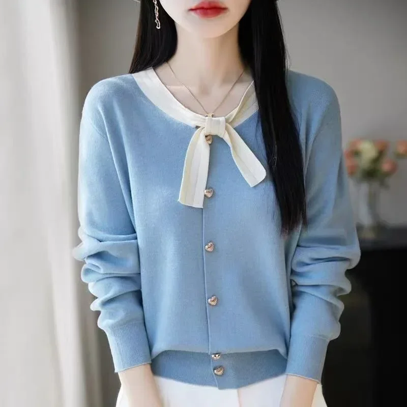 

2025 Advanced Feeling Top Outerwea Delicate French Butterfly Knot Color Block High Simulation Knitted Women's Jacket Sweater New