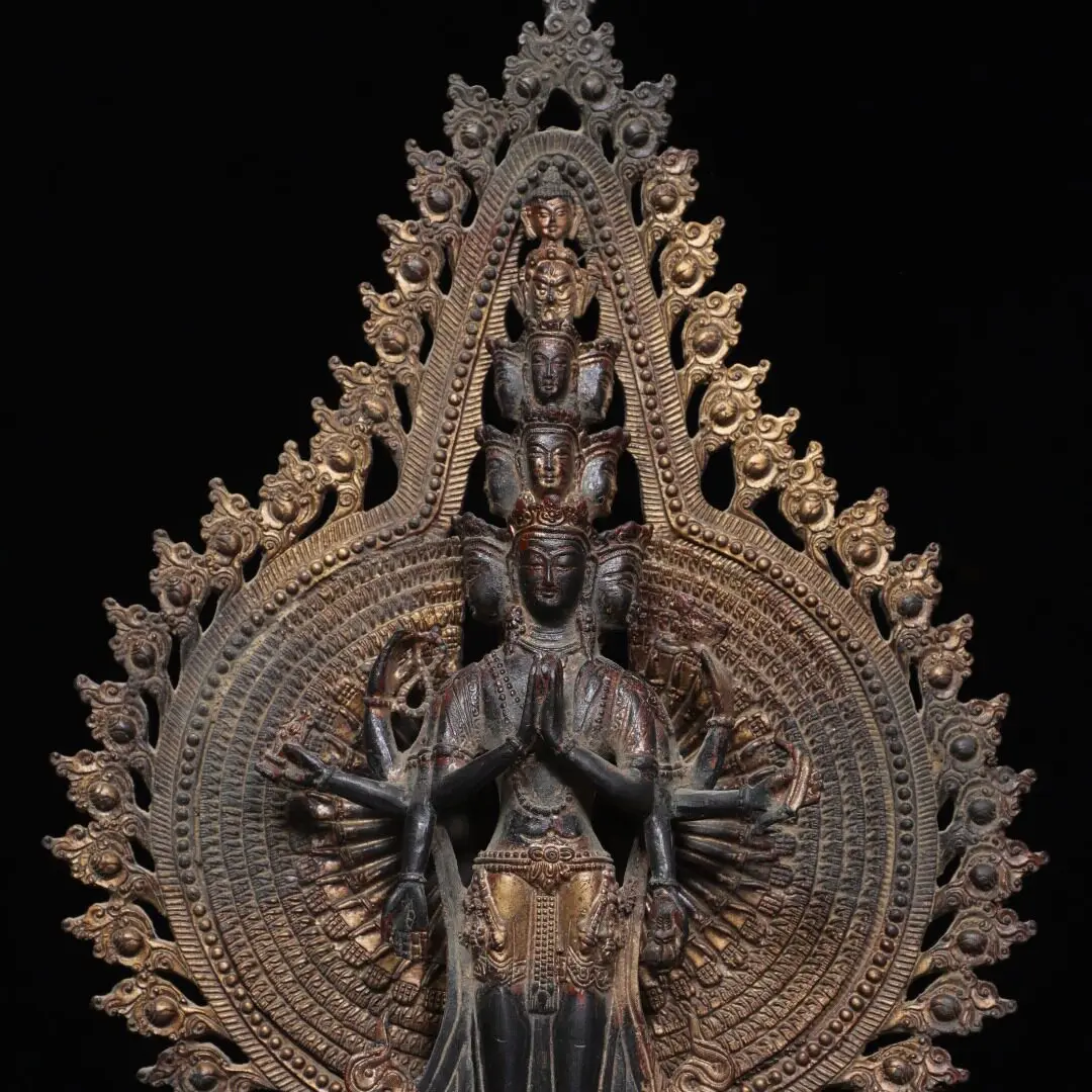 Pure Copper Carved Vintage Thousand Arm Thousand Eye Guan Yin Statue Home Decor